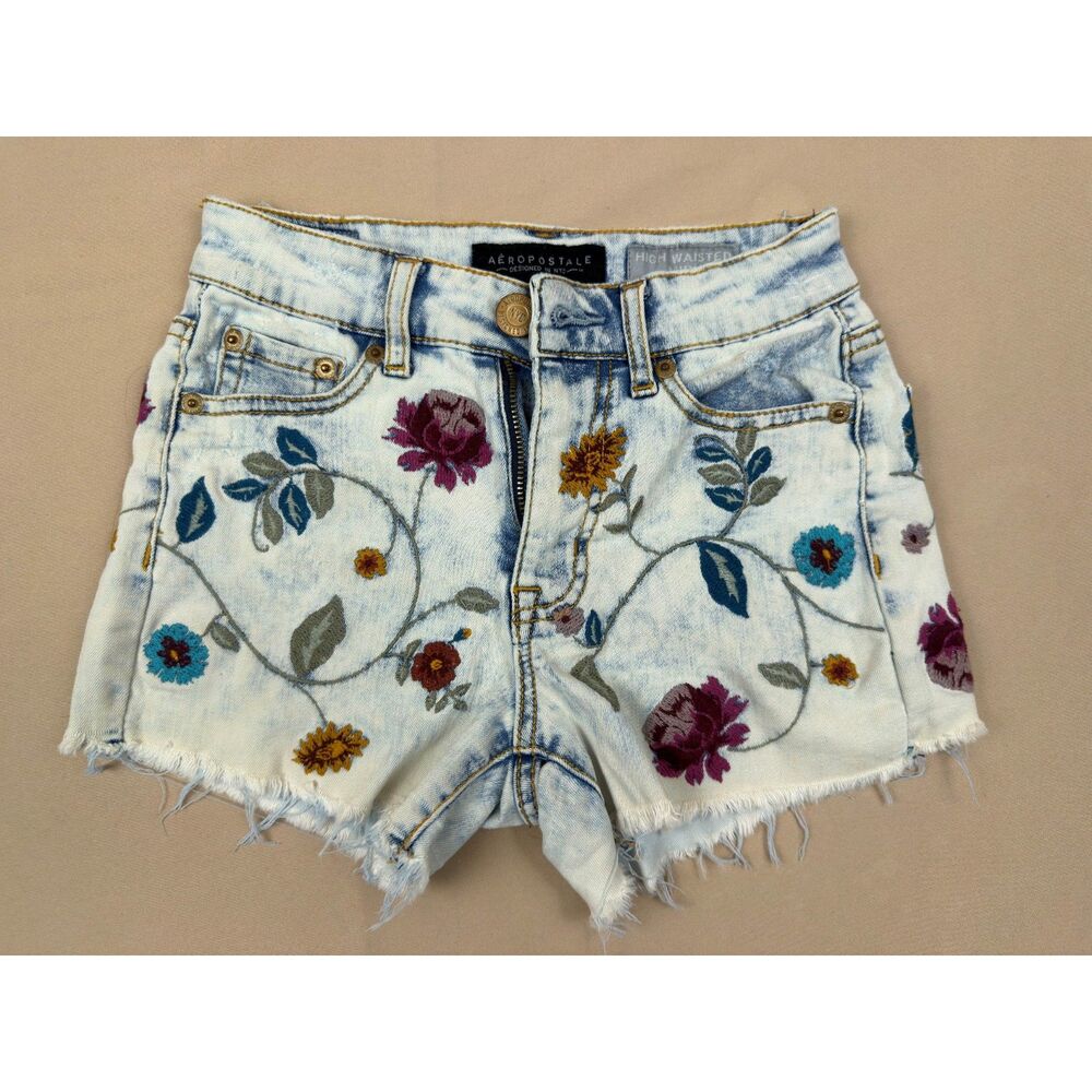 Aeropostale Floral Embroidered Denim High Waisted Shorts Sz 000